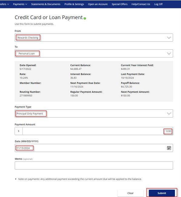 Credit Card or Loan Payment form example