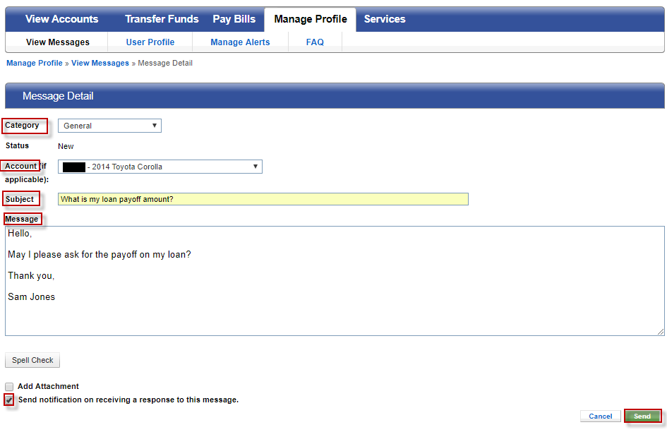 secure-003 Screen capture displays where to enter your message, question or concern that you would like addressed by a member of CCU Contact Center staff.