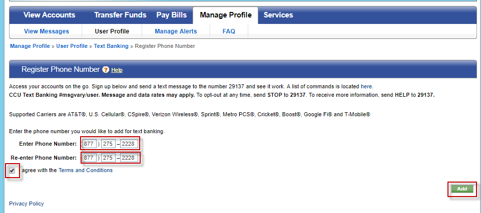 text-banking-002 Screen capture highlights where to enter the phone number.