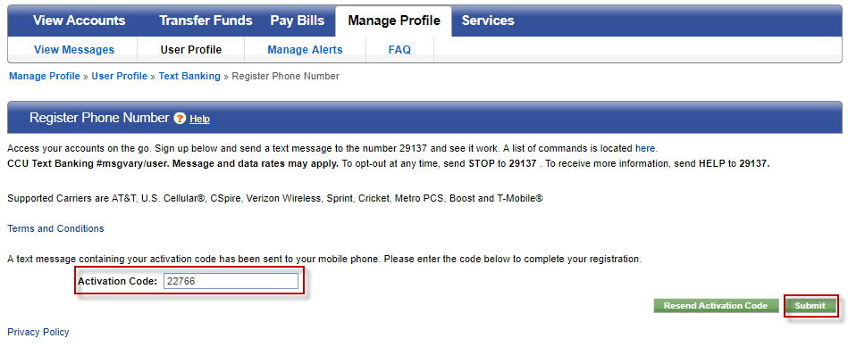 text-banking-004 Screen capture highlights where to enter the Activation Code.