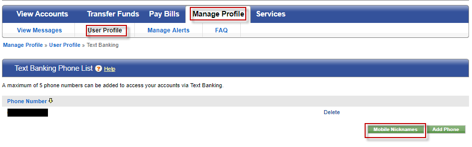 text-banking-007 Screen capture highlights button to enter mbile nickname.