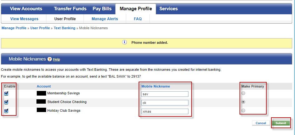 text-banking-008 Screen capture highlights areas to enter information to enter mobile nickname information.