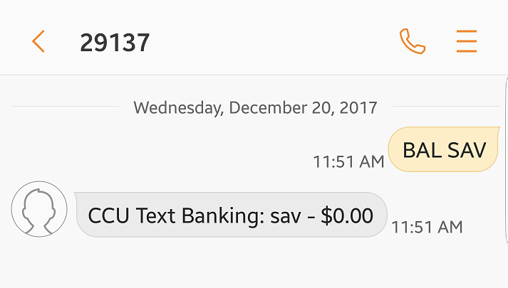text-banking-009 Image showing text message reply with the balance for your savings account nicknamed SAV