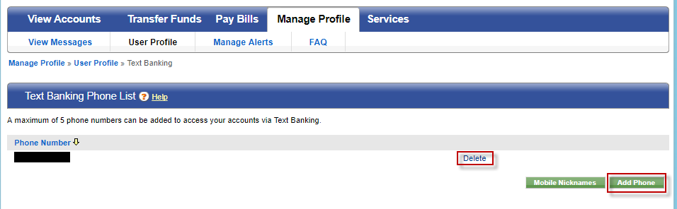 text-banking-010 Screen capture displays image of highlighted area to delete or add a phone number.