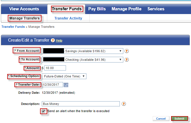transfers-006 Screen capture displays image of highlighted areas to complete to receive an alert when your transfer is completed.