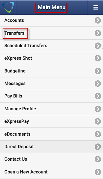 transfers-013 Screen capture shows Transfers section on mobile app main menu.