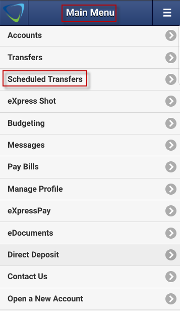 transfers-025 Screen capture highlights mobile app Main Menu, then Scheduled Transfers.