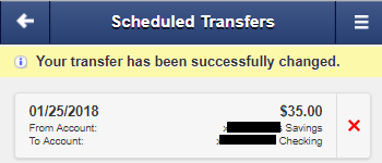 transfers-029 Screen capture shows notice stating the transfer has been successfully changed.