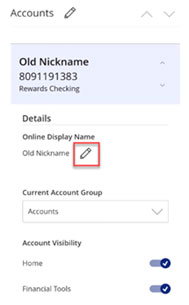 Screen capture highlighting area to select edit button to update nickname